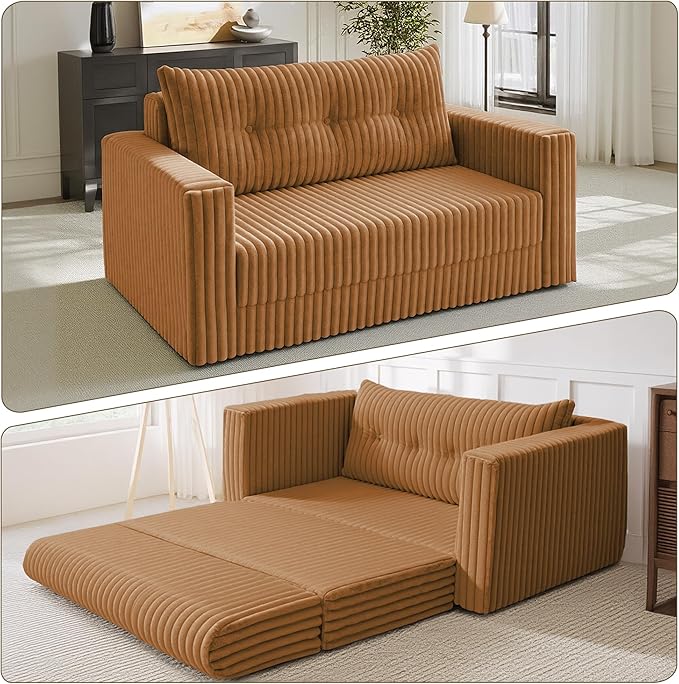 HABUTWAY Folding Sofa Bed, 2 in 1 Convertible Sleeper Chair with Pillow, Portable Fold Out Chair Bed with Armrest, Comfy Floor Couch, Lazy Sofa for Living Room Bedroom Dorm Home Office, Orange