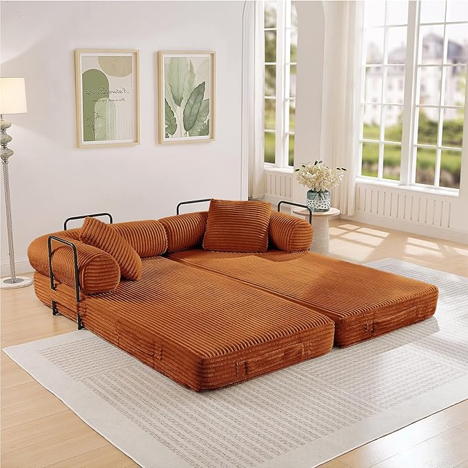 Modular Couch Bed, Convertible Folding Plush Corduroy Comfy Floor Memory Foam Compression Loveseat Sleeper Sofa Couch, King Size Bed for Guest Room Living Room Bedroom, No Assembly Required, Orange