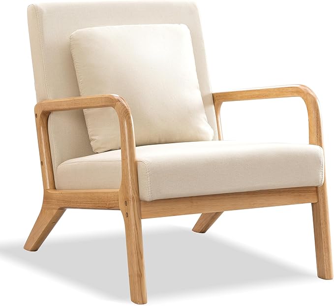 ELUCHANG Mid-Century Modern Accent Chair with Lumbar Pillow,Upholstered Armchair,Linen Fabric Comfy Reading Chair, Lounge Side Chair for Living Room Bedroom Apartment,Easy Assembly