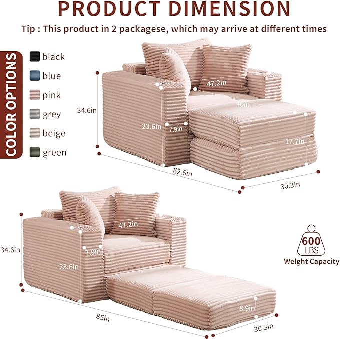 Boneless Chaise Lounge Chair Indoor, All-Foam Convertible Lounge Chair with No Frame, Wide Reclining Floor Lounger for Reading, Napping & Relaxation, No Assembly Needed (Pink)