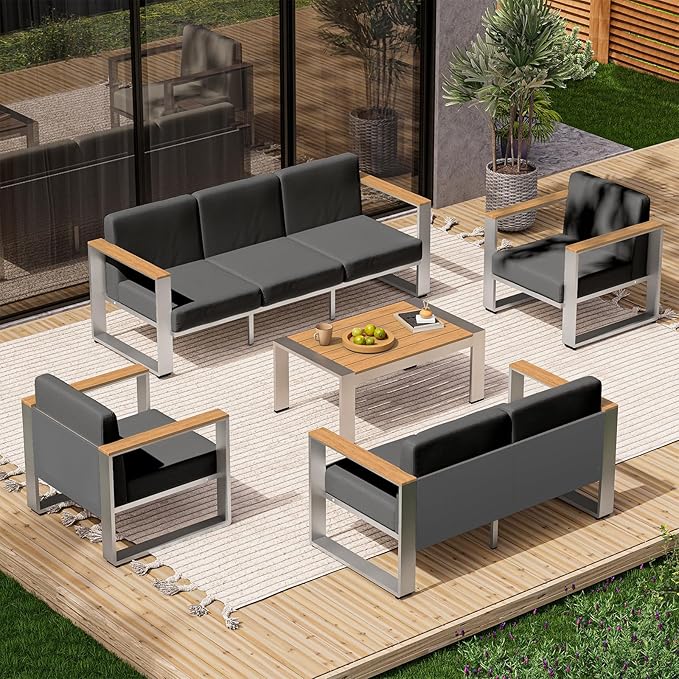 ComfCove Outdoor Patio Furniture Set, 7 Seats Outdoor Patio Conversation Sets with Ergonomic Seat and Wide Washable Thick Cushions, Modern Patio Sectional Furniture for Balcony, Porch (Teak-Charocal)