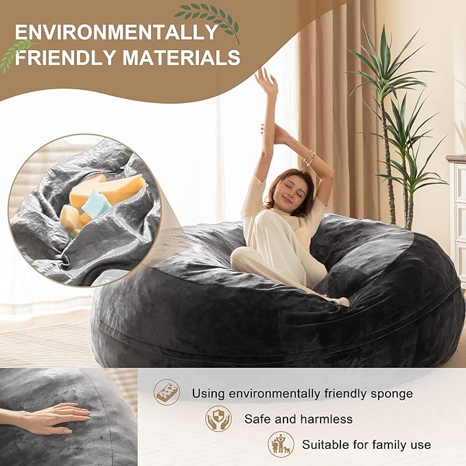 Bean Bag Chair for Adults, Floor Bean Bags Offers Ample Space for Adults,Memory Foam Giant Bean Bags,Lounger Versatile Design Suits Any Room,Movie Nights,Reading(Gray,5FT)