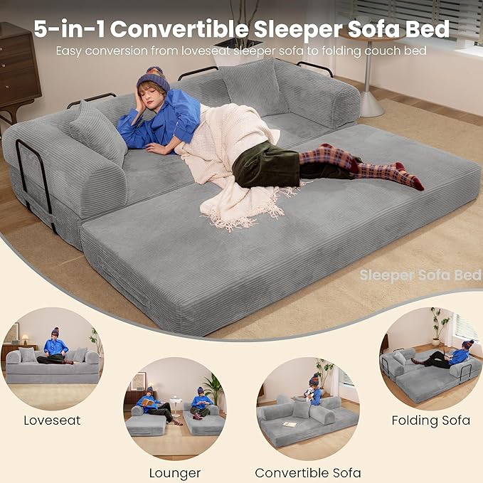 79" Convertible Sofa Bed, Boneless Corduroy Sleeper Foldable Modular Couch, Memory Foam Compressed Sofa in A Box, Folding Mattress Floor Couch for Small Space Living Room Apartment Bedroom, Light Gray
