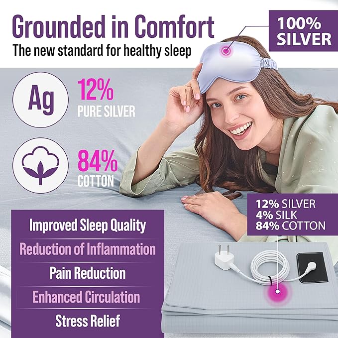 ECOHEAL Grounding Sheet Set - Queen Size, Cloud Gray Fitted & Flat Sheets with Pillowcases - 12% Silver Fiber, 4% Silk, 84% Cotton - SGS Quality Certified Conductive Bed Grounding Kit for Better Sleep