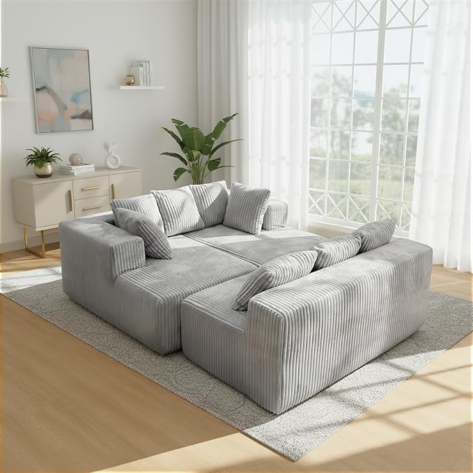 130" Boneless Couch, Cloud Couch Sectional, Corduroy Sofa for Living Room, U Shaped Modular Sofa with Chaise, No Assembly, 4 Seats Oversized (Grey)