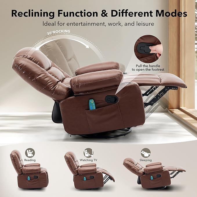 Rocker Recliner Chairs for Adults w/Vibration Massage and Heating,360° Swivel Rocker Glider Recliner,Extra Wide Manual Lazy Chair,PU Leather Overstuffed Soft Sofa Chair for Living Room,Bedroom,Brown
