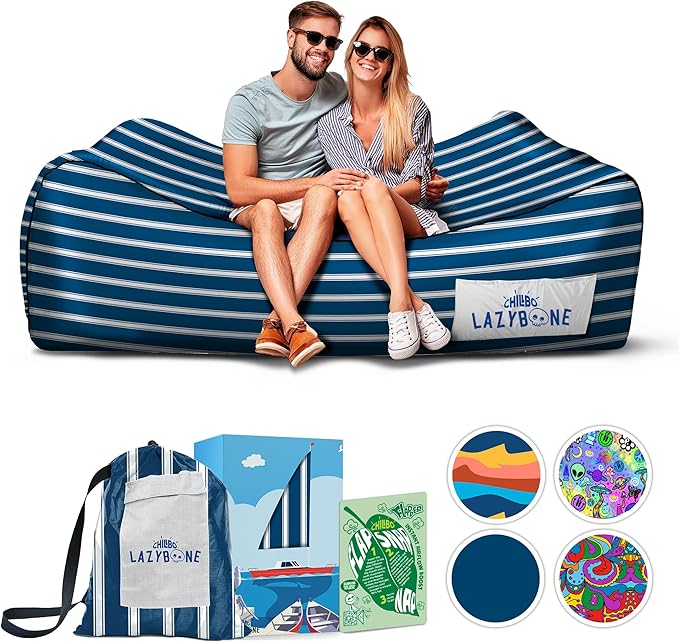 Chillbo Lazybone Inflatable Couch - Ultimate Inflatable Lounger for Maximum Chill - The Perfect Blow Up Couch for Music Festivals Or Inflatable Lounger for Camping - Nautical Blue