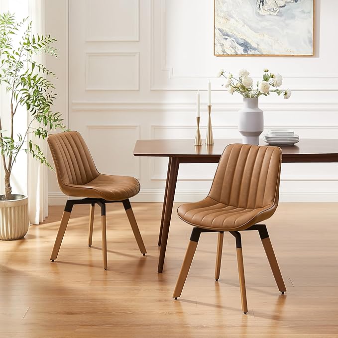 Art Leon Swivel Dining Chairs Set of 2, Mid Century Modern Kitchen Dining Room Chairs, Upholstered Faux Leather Armless Side Chair with Wood Legs for Living Room Bedroom, Red Brown