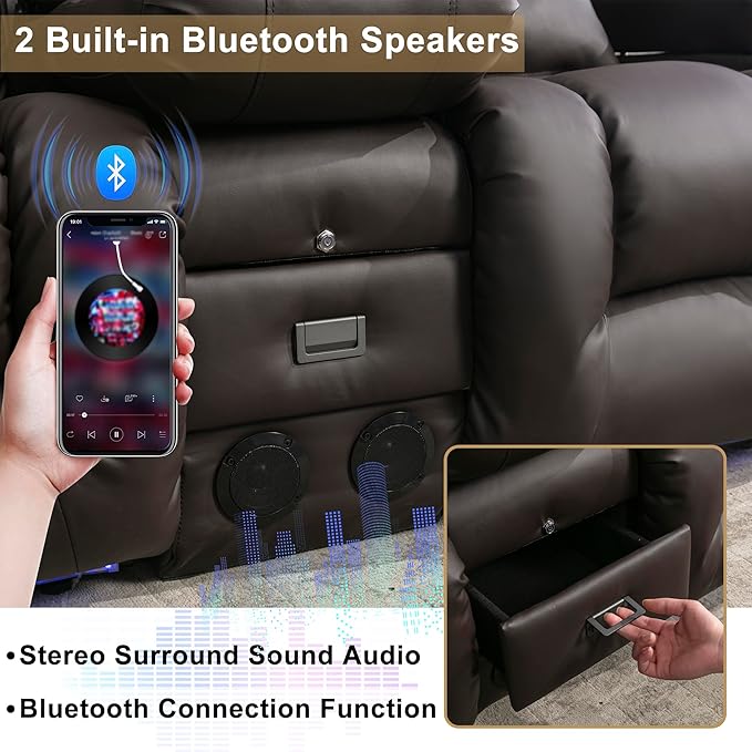 URRED Loveseat Recliner Sofa with Massage and Heat, Power Reclining Loveseat Sofa RV Couch with Console, Home Theater Seating with LED Lights, Bluetooth Speaker, USB, Outlets, Faux Leather, Dark Brown