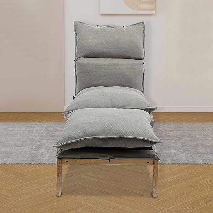 Single Lazy Leisure Chair, Adjustable Recliner Balcony Reclining Japanese Tatami Chair with Ottoman, Floor Seating Lounge Chair with Backrest and Footrest, Upholstered Chair for Living Bedroom (Grey)
