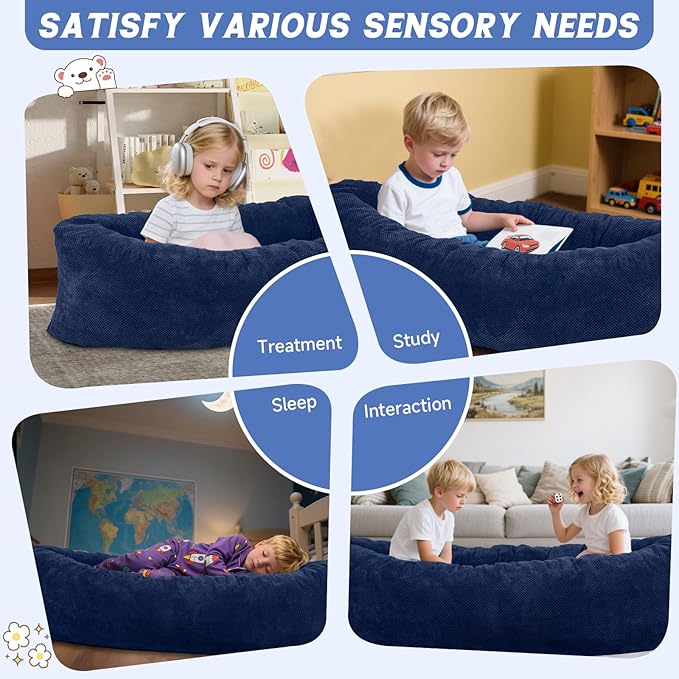 HAHASOLE Sensory Chair for Autistic Children - Foam Peapod Sensory Canoe with Non-Slip Base, Soft Cover Machine Washable, Calming Cocoon for Kids(Navy Blue)