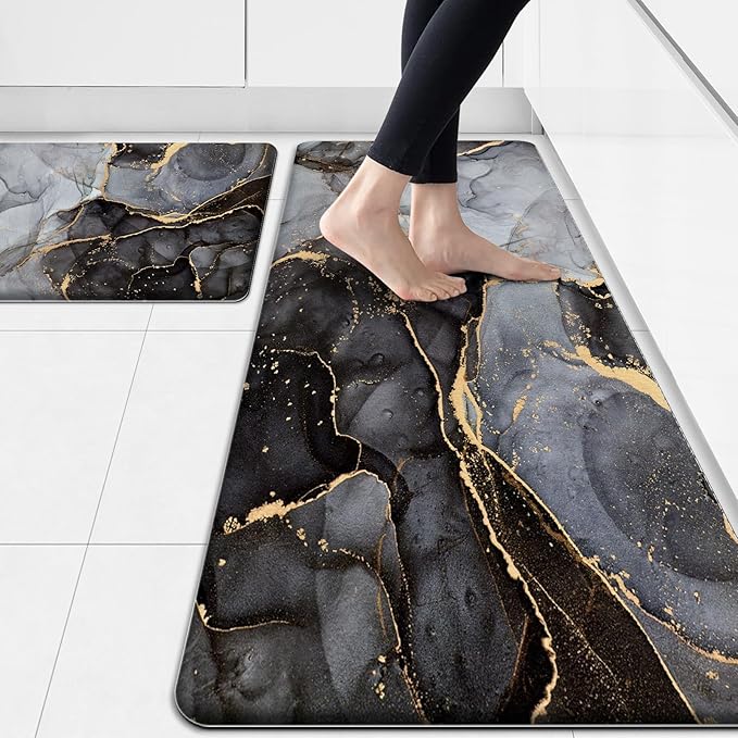 Anti Fatigue Kitchen Mat Cushioned 2 Pieces Black Kitchen Rugs Non Slip Waterproof Kitchen Floor Mats Gold Kitchen Accessories Comfort Memory Foam Kitchen Mats for Floor Laundry Room