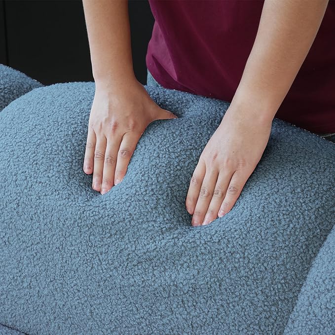 WJShome 90" Boucle Sofa, Modern Curved Upholstered Cloud Couch, Deep Seat LoveSeat 3 Seater Sofa, Cozy Modern Boneless Sherpa Fleece Couches for Living Room, Bedroom, Apartment (Blue)
