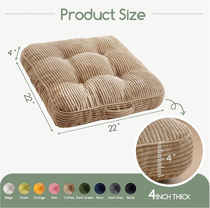 HIGOGOGO Washable Floor Pillow Cushion for Adults, Meditation Cushion Pillow, Large Square Floor Sitting, Removable Tufted Corduroy Cover, for Tatami Living Room or Yoga, 22x22 Inch, Machine Washable