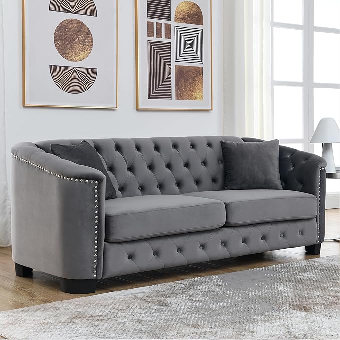 mikibama Modern Chesterfield Velvet Sofa, 77 Inch Sectional Sofa, Luxury 3 Seater Upholstered Tufted Couch with Nailhead Arms and 2 Pillows for Living Room, Bedroom, Apartment(Grey)