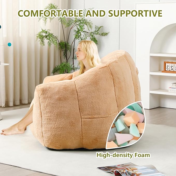 Setawix Giant Bean Bag Chair with Filler, Comfy Faux Fur Bean Bag Chairs for Adults and Kids, Lazy BeanBag Sofa Stuffed Floor Sofa with Memory Foam for Bedroom Apartment Living Room,Brown