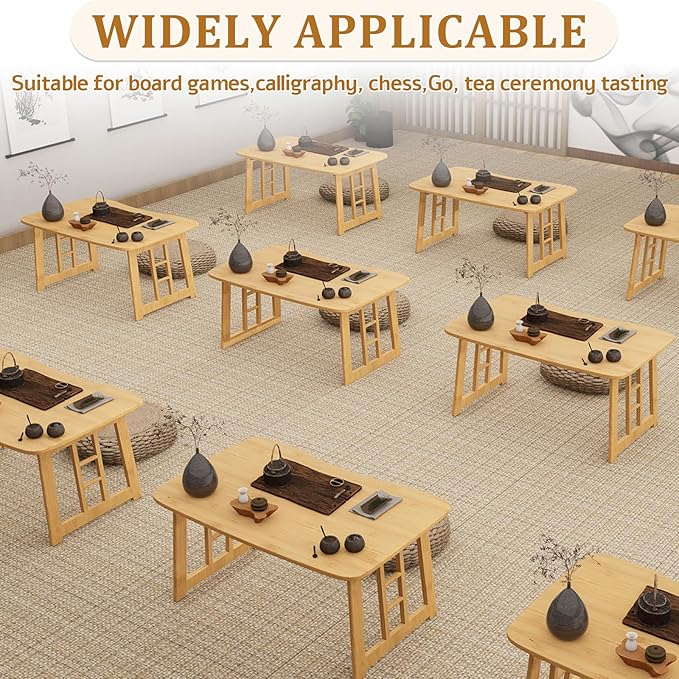 Folding Coffee Table, Foldable Japanese Floor Low Table Small Coffee Tables for Sitting On The Floor, No Assembly Portable Tea Table for Living Room Meditation Tea Room Tatami Zen Dining (Wood)