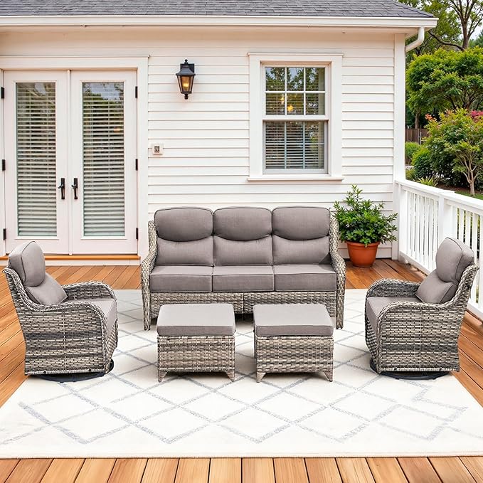 Pugire Luxury High Back Patio Furniture Set with 6-Inch Thick Cushions, 5-Pieces Outdoor Furniture with Swivel Chairs, Wicker Conversation Set for Porch, Balcony, Deck and Yard, Grey