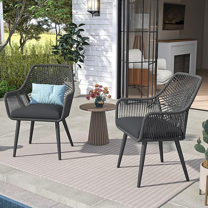 Patiorama Patio Dining Chair Set of 6,Woven Rope Outdoor Dining Chairs w/Steel Frame,All-Weather Twisted Rattan Chairs w/Armrest & Cushion,Outdoor Dining Wicker Chairs for Backyard Garden(Dark Grey)