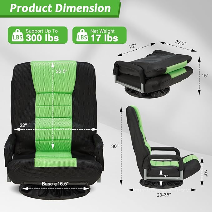 360° Swivel Chair 6 Adjustable Positions Backrest with Armrest Foldable Floor Chairs Suitable for Reading, Relaxing, Mediation,Green