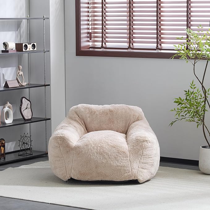 Indoor Bean Bag Chair,Plush Faux Fur Armchair,Ergonomic Back Support, Shredded Foam Fill, Compact Lounge Chair Space-Saving Ergonomic Seating for Living Room Bedroom Office,Beige