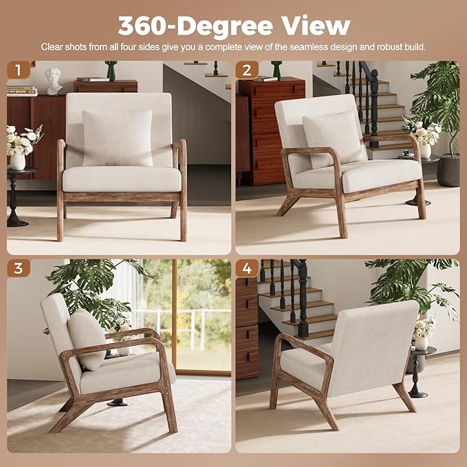 ELUCHANG Mid-Century Modern Chair,Accent Chair with Lumbar Pillow,Upholstered Armchair,Linen Fabric Comfy Reading Chair Beige, Linen, New Armrest, Set of 1