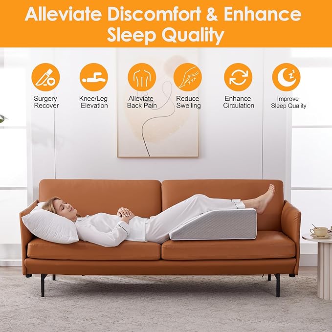 Ruqmuis Leg Elevation Pillow for After Surgery, 6inch Foam Leg Elevating Pillow for Swelling and Blood Circulation, Leg Wedge Pillow for Sleeping, Knee Pillow for Knee Hip Ankle Pain Relief, White