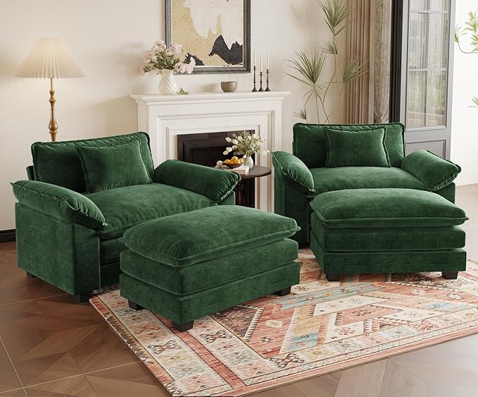 HUSFU Oversized Accent Chair with Ottoman, Chenille Cloud Couch Chair with Deep Seat and Extra Wide Armrests, Comfy Reading Armchair for Bedroom, Living Room, Set of 2, Green