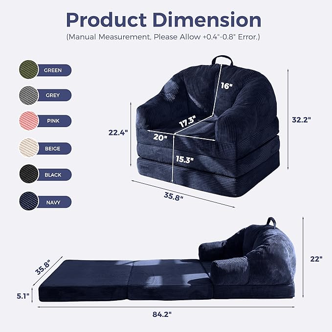 MAXYOYO Folding Sofa Bed with Backrest, Boneless Fold Out Couch Bed with Handle, 2 in 1 Convertible Bean Bag Chair to Floor Sofa Lounger, Comfy Folding Couch for Bedroom & Living Room, Navy