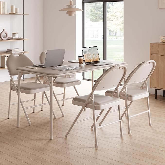 GAOMON 4 Pack Folding Card Chairs, Thickened Padded PU Cushion, Metal Legs and Non-Slip Feet Pads, Portable Stackable Commercial Seat for Events, Office, Wedding, Party, Beige