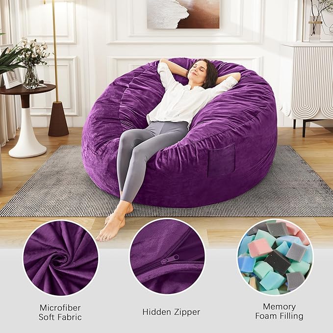 Bean Bag Chairs for Adults - Giant Bean Bag Chair Convertible Bean Bag Bed - Beanbag Chair with Micro Fiber Cover/Furniture Foam Filler - Floor Couch Sofa in Bedroom Dorm Room - Queen Purple