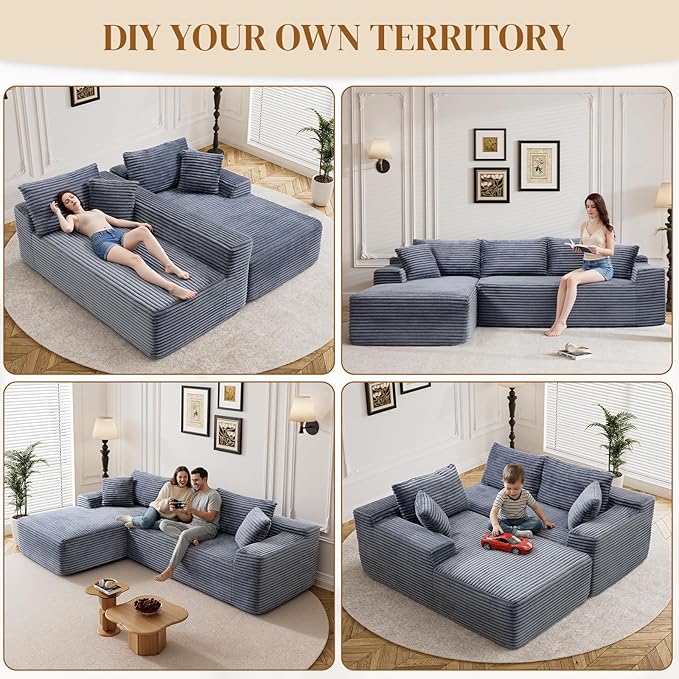 95" Boneless Cloud Sectional Couches for Living Room, Comfy Fluffy L Shaped Memory Foam Deep Seat Boneless Couch, Modular Sectional Sofa with Left Facing Chaise, Grey