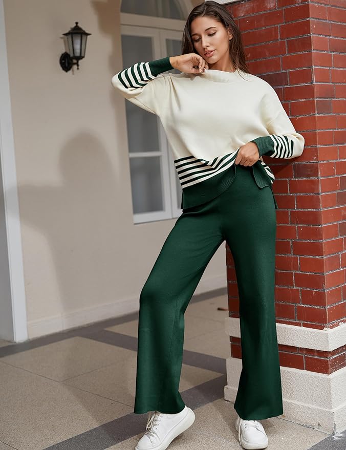 Tanming Women's Lounge Sets 2 Piece Outfits Knitted Pullover Sweater Tops Wide Leg Pants Tracksuit