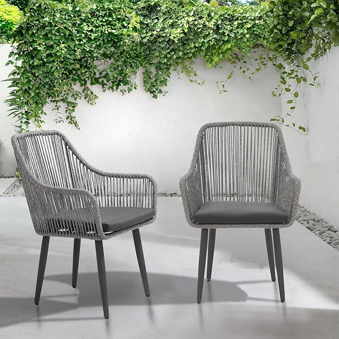 Patiorama Outdoor Dining Chairs, Patio Dining Chair Set of 2, All-Weather Woven Rope Rattan Chairs, Outdoor Dining Wicker Chairs with Armrests for Indoor Balcony Pool Backyard(Gray)