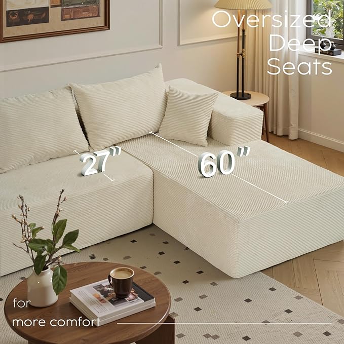 Sectional Cloud Boneless Couch for Living Room Bedroom, Comfy Modern L Shaped Modular Sofa with Right Facing Chaise, Deep Seat Memory Foam Couch in Box, No Assembly (Fine Striped Corduroy, Beige)