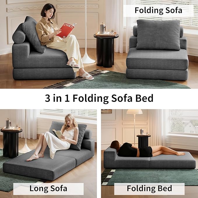 Folding Sofa Bed – Convertible Sleeper Chair Bed with Pillows/Single Floor Couch/Small Futon Couch Filled with High-Density Foam for Lounge, Guest Room or Office (Gray)