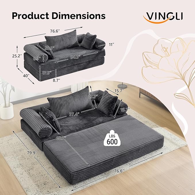 VINGLI Convertible Futon Sofa Bed, Upholstered Corduroy Boneless Couch King Size Floor Loveseat Sleeper Sofa with 2-in-1 Throw Pillow, Couches for Living Room, Bedroom, Lounge, Dark Gray