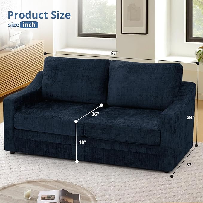ACMEASE 67” Chenille 2-Seat Sofa w/Comfortable Back Cushions, Modern Love Seat w/Deep Seat Space, Upholstered 2 Seater Couch w/High Resiliency Foam for Living Room, Office Blue