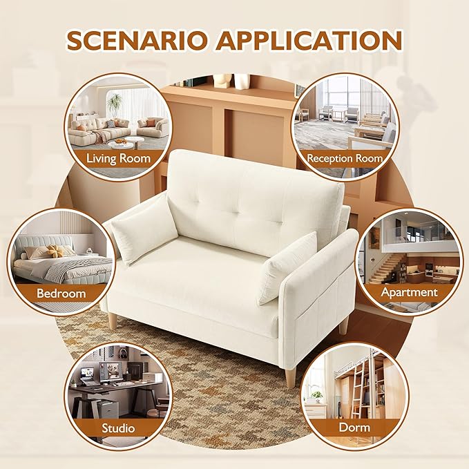 47" Small Sofa Couch, Soft Chenille loveseat Mini Couch with Throw Pillow and Removable Cushion Cover for Small Spaces, Bedroom, Apartment, Dorm, Office, Living Room(Beige)