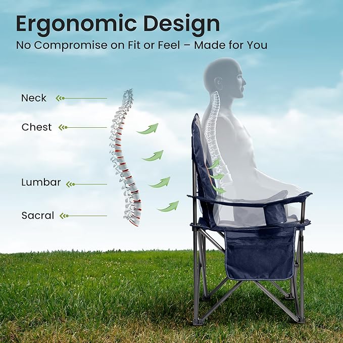 Oversized Camping Chair Heavy Duty 500LB - Portable Folding Chair with Cooler Bag, Cup Holder & Waterproof Phone Case for Adults, Beach, Hiking, Backyard (Blue & Gray, 2 PCS)