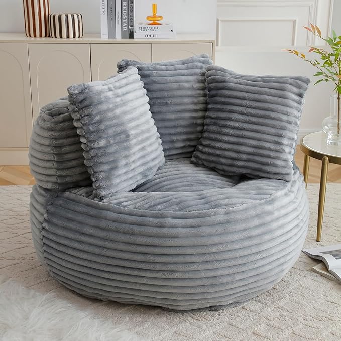 Bean Bag Chair, Corduroy Oversized Chair for Adults, Comfy Big Accent Sofa Lounge Floor Chair, Stuffed Bean Bag Couch for Gaming, Reading, Living Room, Bedroom, Grey