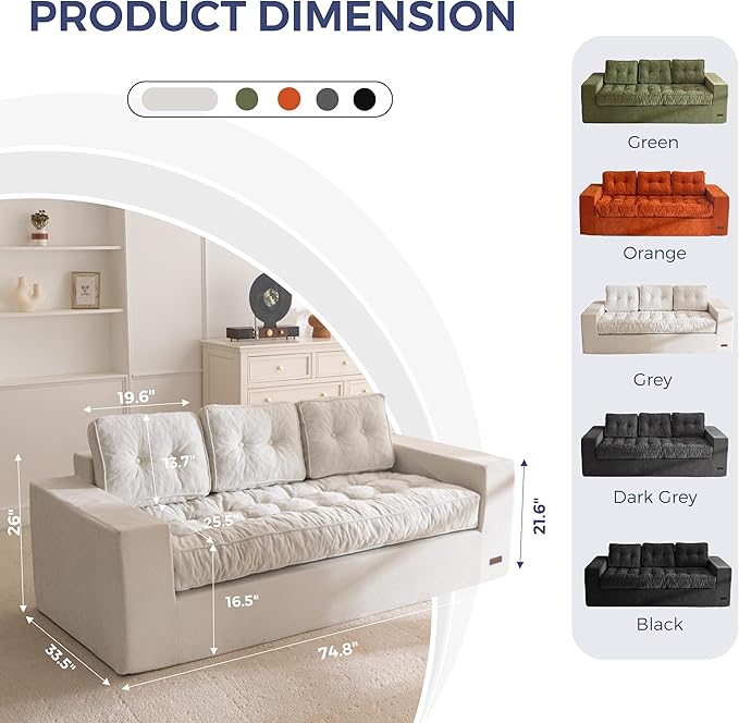 MAXYOYO Boneless Sofa Couch, Loveseat Sofa for Small Space, Tufted 3-Seater Floor Couch Bean Bag Chair for Living Room Bedroom Apartment, Sofa in a Box, No Assembly Needed, Grey