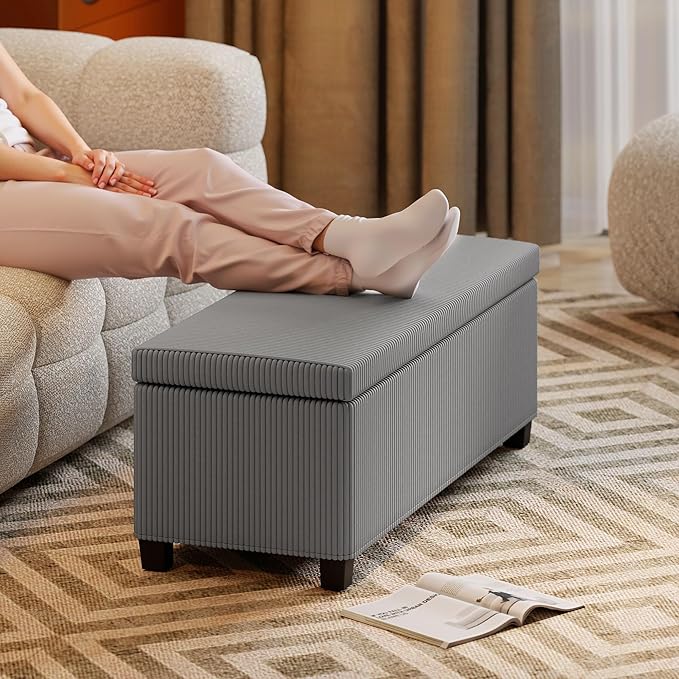 HOMCOM 44 Inches Storage Ottoman Bench, End of Bed Bench with Removable Lid, Legs, Corduroy Storage Chest Foot Rest, Padded Seat, for Living Room, Bedroom, Entryway, Gray