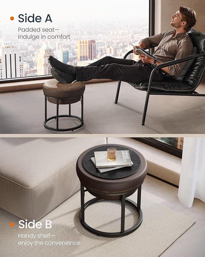 SONGMICS HOME LUIZ Collection - Ottoman Footstool, Round Ottoman, Vanity Chair Stool, Footrest, Reversible Top, Side Table, Max. Load 660 lb, Bedroom Living Room Entryway, Walnut Brown ULOM080K01