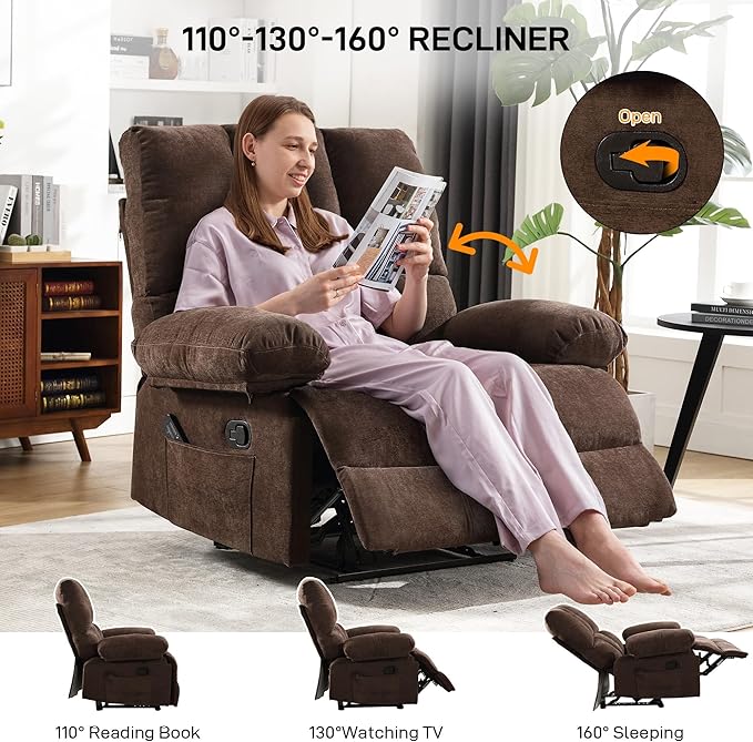 Oversized Recliner Chair Extra Wide Large Recliner for Adults 350lbs with Lumbar Support Pillow Nursery Chair Living Room (Manual, Brown-6008)