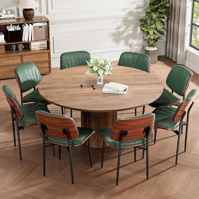 Dining Chairs Set of 6, Mid-Century Modern Upholstered PU Leather Chairs with Walnut Bentwood Back and Metal Legs Adjustable Feet for Kitchen Dining Room, Dark Green Shell Strips