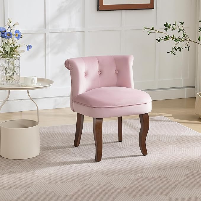 WUTUTUEE Velvet Tufted Vanity Chair with Back, Upholstered Mid Century Vanity Stool with Solid Wood Legs, Small Makeup Chair for Vanity, Accent Chair for Bedroom, Living Room, Pink