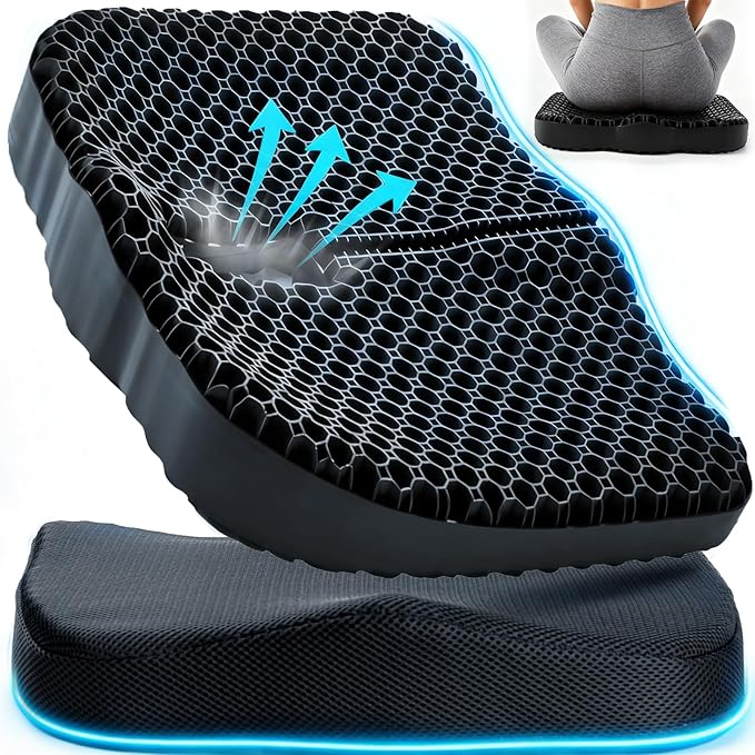 Anzeng Gel Seat Cushion for Long Sitting, Gel Cushion for Pressure Relief, Soft & Breathable, Chair Cushion for Office Chair, Car, Wheelchair, Seat Cushion with Non-Slip Black Cover