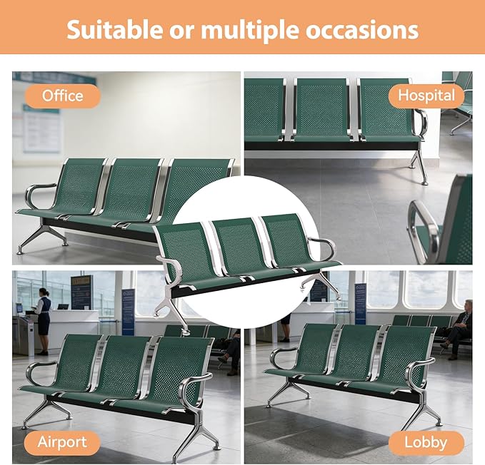 Kinfant 3-Seat Waiting Room Chair - Office Guest Reception Chairs with Ergonomic Backrests, Airport Waiting Bench with Armrests, Metal Waiting Furniture for Hospital, Bank (Dark Green, Set of 2)
