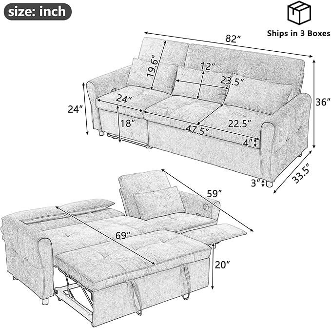 Gagawin 2 in 1 Convertible Sofa Bed with Reversible Recliner, Chenille 3-Seater Couch Sleeper with Pull Out Bed & Adjustable Backrest & Dual USB Charging Ports for Living Room, Brown